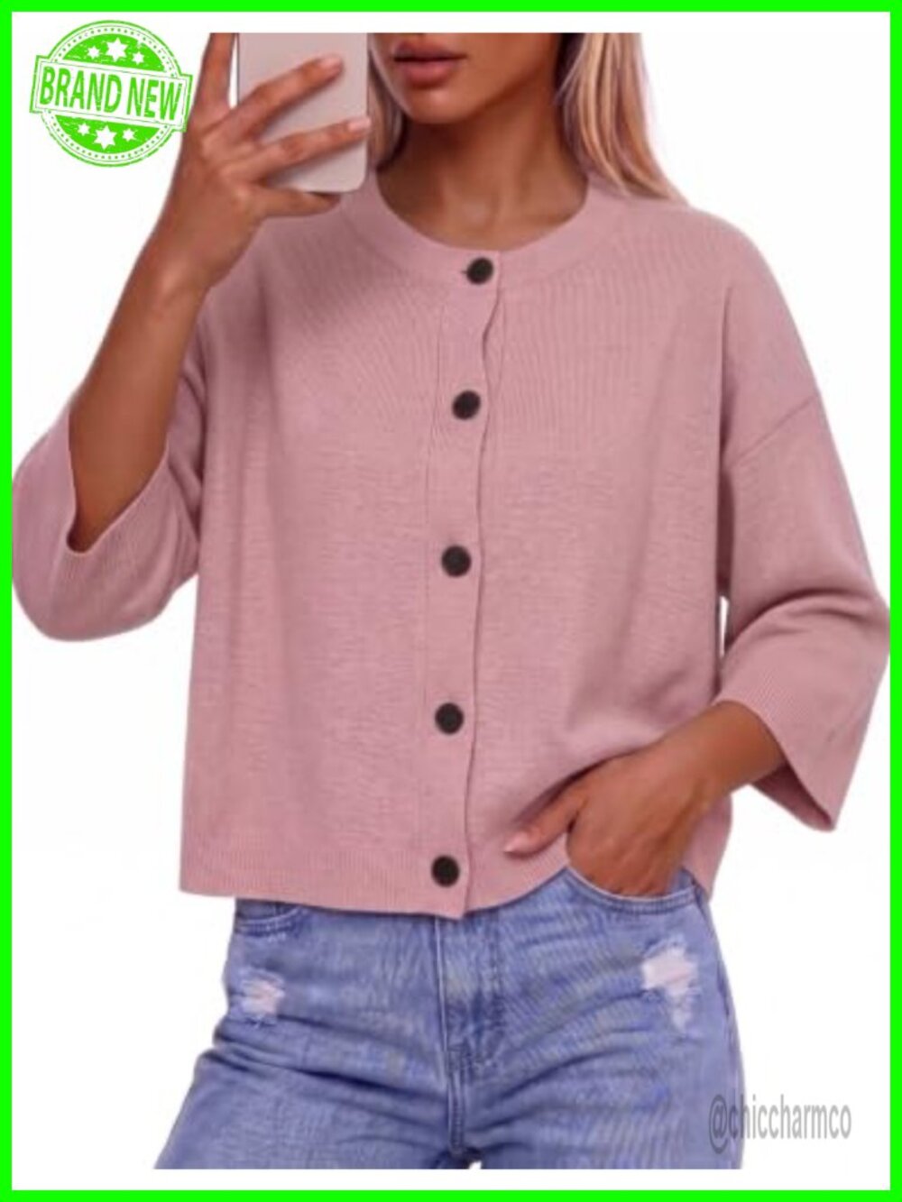 Women's Short Sleeve Cardigan Sweater Button Front Drop Shoulder Knit Top